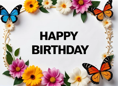 A Birthday card with butterflies and flowers around it with the words happy Birthday written in black on a white background with a border of flowers and butterflies, plain background, a pastel, naive art