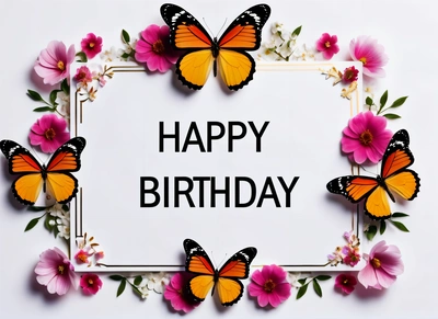 A Birthday card with butterflies and flowers around it with the words happy Birthday written in the center of the card and a white background with pink flowers, plain background, a pastel, lyco art