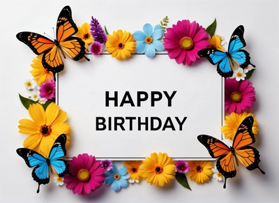 A Birthday card with butterflies and flowers around it with the words happy Birthday written in the center of the card and a white background with a, plain background, a pastel, naive art