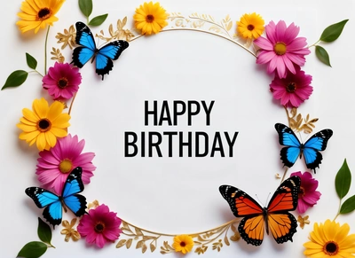 A Birthday card with butterflies and flowers around it with the words happy Birthday written in the center of the card and a white background with a gold border, plain background, a pastel, lyco art