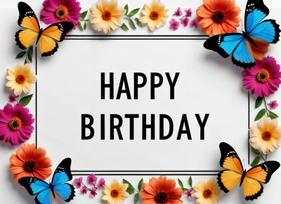 A Birthday card with butterflies and flowers around it with the words happy Birthday written in the center of the card and a white background with a black border, plain background, a pastel, international typographic style