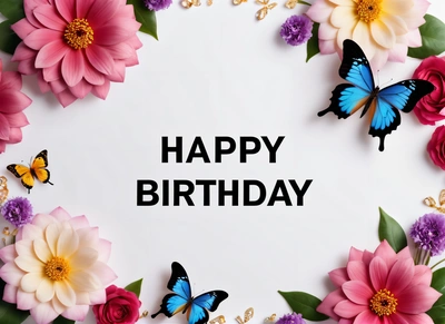 A Birthday card with flowers and butterflies on it with the words happy Birthday written in black on the card and a white background with a black border, plain background, a pastel, international typographic style