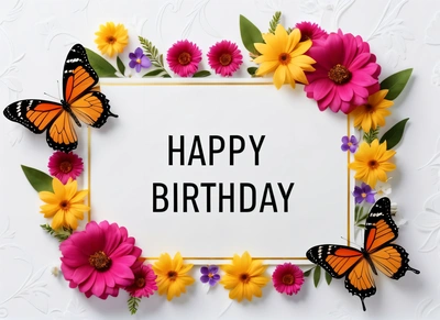 A white card with a frame of flowers and butterflies around it that says happy Birthday on it, surrounded by butterflies and daisies,, plain background, a pastel, naive art