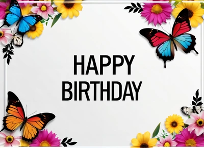 A Birthday card with butterflies and flowers on it with a white background and a black text that says happy Birthday on it with a border of flowers, plain background, a pastel, lyco art