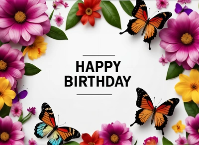 A Birthday card with butterflies and flowers on it with a white background with a black text that reads happy Birthday on it and a white background with, plain background, a pastel, international typographic style