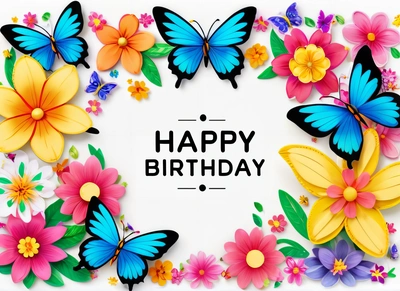 A Birthday card with butterflies and flowers on it's side, with the words happy Birthday written in the center of the card,, colorful flat surreal design, a pastel, lyco art