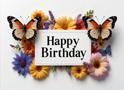 A happy Birthday card with butterflies and flowers around it with a message on it that reads happy Birthday on a white background with a border of flowers, plain background, a pastel, international typographic style