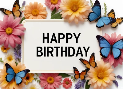 A Birthday card with butterflies and flowers around it with the words happy Birthday written in a white frame surrounded by butterflies and flowers around the, plain background, a pastel, international typographic style