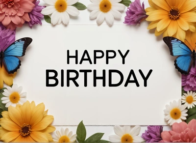 A Birthday card with a butterfly and flowers around it with the words happy Birthday written on it in black ink on a white background with a border of daisies, plain background, a pastel, international typographic style