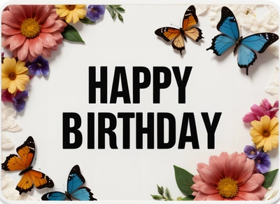 A Birthday card with butterflies and flowers on it with the words happy Birthday written in black on a white background with a border of flowers and butterflies, plain background, a pastel, international typographic style