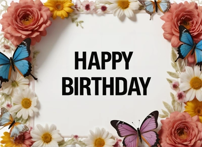 A Birthday card with a picture of a butterfly and flowers in the middle of it with the words happy Birthday written in black on the front, plain background, a pastel, international typographic style