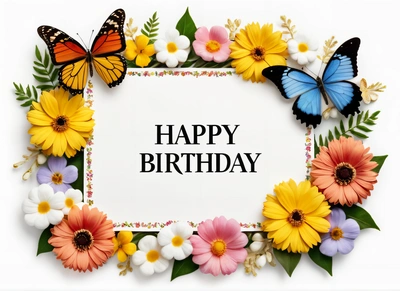 A Birthday card with a frame of flowers and butterflies on it with a butterfly saying happy Birthday on it in a frame of flowers and butterflies, plain background, a pastel, naive art