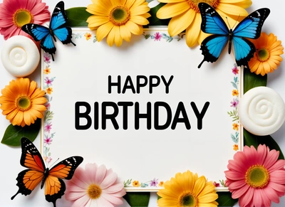 A Birthday card with flowers and butterflies around it with a butterfly saying happy Birthday on it's side of the card, with a white background with a, plain background, a pastel, international typographic style