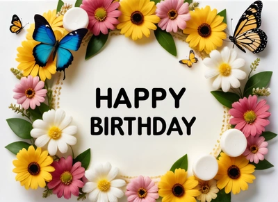 A Birthday card with flowers and butterflies around it with the words happy Birthday written in the center of the card and a butterfly on the front of the card, plain background, a pastel, international typographic style