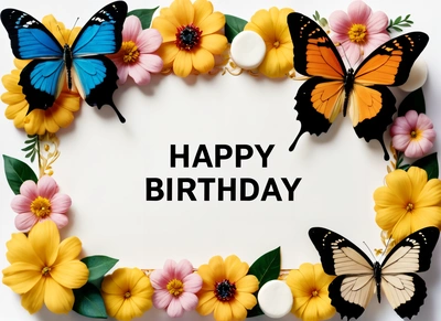 A Birthday card with butterflies and flowers around it with the words happy Birthday written in black on a white background with a border of yellow and pink flowers, plain background, a pastel, international typographic style