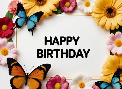 A Birthday card with butterflies and flowers around it with the words happy Birthday written on it in black ink on a white background with a border, plain background, a pastel, international typographic style