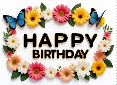 A Birthday card with flowers and butterflies on it with the words happy Birthday written in the center of the card and a butterfly on the front of the card, plain background, a pastel, naive art