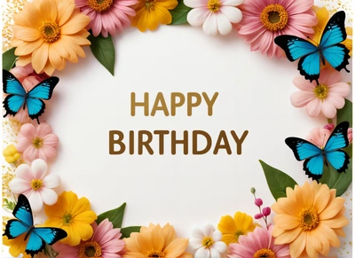A Birthday card with a butterfly and flowers around it with the words happy Birthday written in brown lettering on a white background with a border of flowers, plain background, a pastel, international typographic style