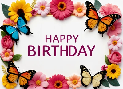 A Birthday card with butterflies and flowers around it with the words happy Birthday written in the center of the card and a pink and yellow butterfly, plain background, a pastel, lyco art