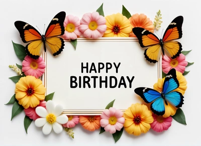 A Birthday card with butterflies and flowers around it with a white background with a black text that reads happy Birthday on it and a white background with, plain background, a pastel, international typographic style