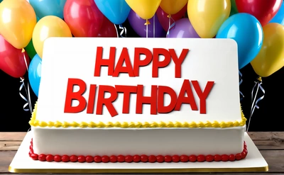 A Birthday cake with balloons in the background that says happy Birthday on it, with a red happy Birthday sign on top of it,, plain background, a pastel, international typographic style