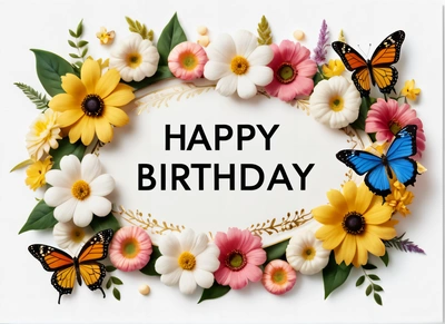 A Birthday card with a wreath of flowers and butterflies on it with the words happy Birthday written in the center of the card and a butterfly, plain background, a pastel, international typographic style