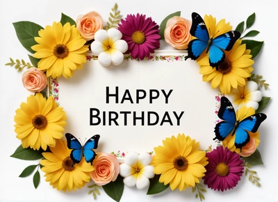 A Birthday card with flowers and butterflies around it with the words happy Birthday written in the center of the card and a white background with a, plain background, a pastel, naive art