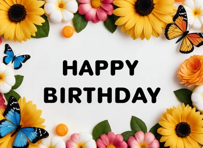 A Birthday card with flowers and butterflies around it with the words happy Birthday written in black on a white background with a border of flowers and butterflies, plain background, a pastel, international typographic style