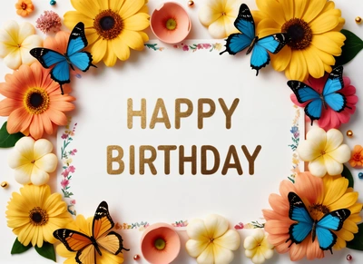 A Birthday card with flowers and butterflies around it with the words happy Birthday written in gold foil on a white background with a border of flowers, plain background, a pastel, international typographic style