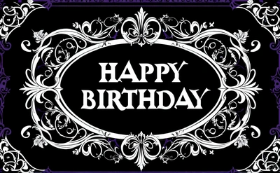 A happy Birthday card with a purple frame and a black background with white swirls and a white happy Birthday message in the center of the card, black background, a silk screen, gothic art