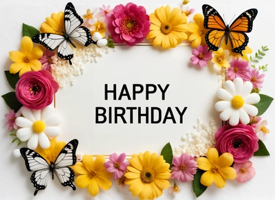 A Birthday card with flowers and butterflies around it with the words happy Birthday written in the center of the card on a white background with a, plain background, a pastel, naive art