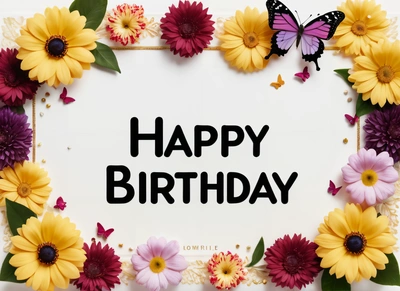 A Birthday card with flowers and butterflies around it with the words happy Birthday written in black on a white background with a border of flowers, plain background, a pastel, international typographic style