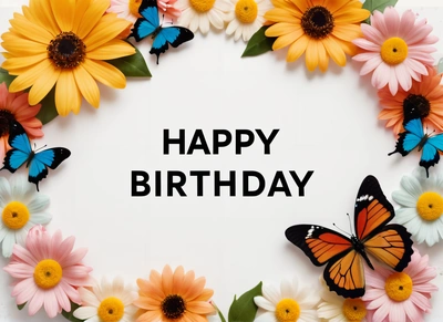 A Birthday card with a butterfly and flowers around it with the words happy Birthday written in black on a white background with a border of daisies and daisies, plain background, a pastel, international typographic style