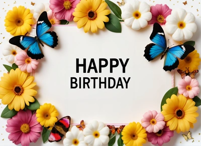 A Birthday card with a bunch of flowers and butterflies around it with the words happy Birthday written in the center of the card and butterflies, plain background, a pastel, international typographic style