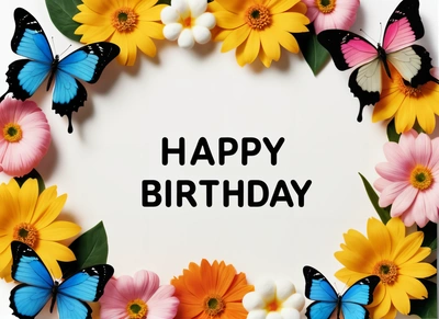 A Birthday card with butterflies and flowers around it with the words happy Birthday written in black on a white background with a border of flowers, plain background, a pastel, international typographic style