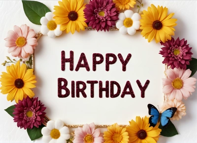 A Birthday card with flowers and a butterfly on it that says happy Birthday on a white background with a border of flowers and a butterfly, plain background, a pastel, naive art