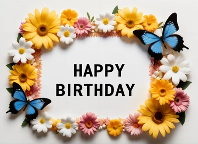 A Birthday card with a frame of flowers and butterflies around it with the words happy Birthday written in the center of the card, surrounded by butterflies, plain background, a pastel, international typographic style