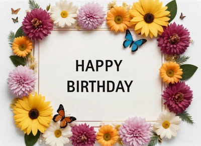 A Birthday card with flowers and butterflies around it with the words happy Birthday written in the center of the card and a butterfly on the bottom of the card, plain background, a pastel, international typographic style