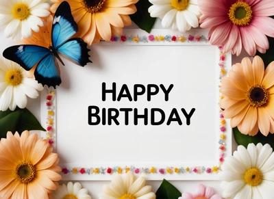 A Birthday card with a picture of a butterfly and flowers around it with the words happy Birthday written on it in black ink on a white background, plain background, a pastel, international typographic style
