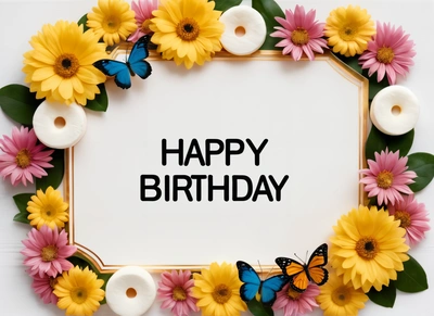 A Birthday card with a butterfly and flowers around it with the words happy Birthday written in black on a white background with a border of yellow and pink and, plain background, a pastel, naive art