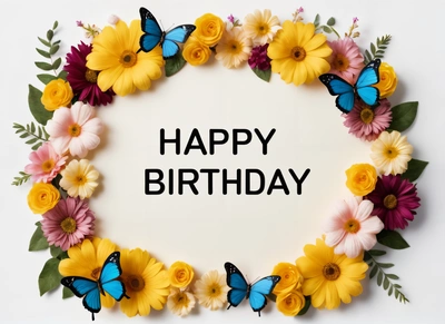 A Birthday card with a floral frame and butterflies on it with the words happy Birthday written in the center of the card and surrounded by flowers, plain background, a pastel, lyco art