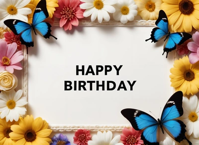 A Birthday card with butterflies and flowers around it with the words happy Birthday written in black on a white background with a border of daisies, plain background, a pastel, international typographic style