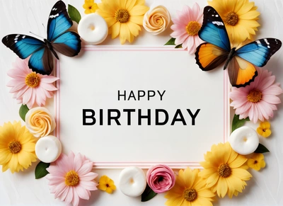 A Birthday card with a frame of flowers and butterflies around it with a message that reads happy Birthday on it in a frame surrounded by flowers, plain background, a pastel, international typographic style