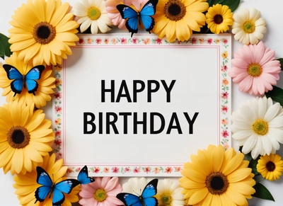 A Birthday card with daisies and butterflies around it with a frame of daisies and daisies around it with the words happy Birthday, plain background, a pastel, international typographic style