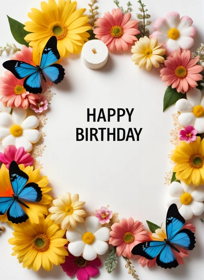 A Birthday card with a wreath of flowers and butterflies on it with a candle in the middle of the card and a message that reads happy Birthday, plain background, a pastel, international typographic style