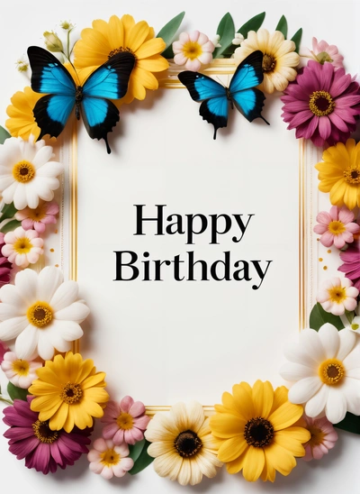 A Birthday card with daisies and butterflies in a circle of flowers with the words happy Birthday written in the center of the card,, plain background, a pastel, international typographic style