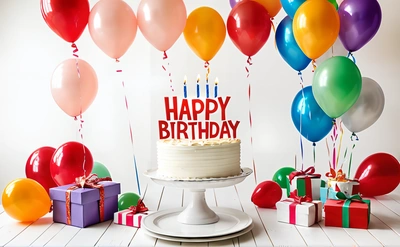 A Birthday cake with a candle surrounded by balloons and presents on a table with a white background and a white wall with a white background, plain background, a pastel, international typographic style