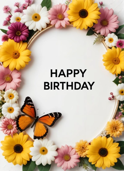 A Birthday card with a butterfly and flowers around it with the words happy Birthday written in black on a white background with a border of flowers, plain background, a pastel, orphism