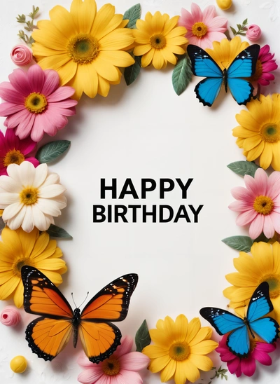 A Birthday card with a butterfly and flowers around it with the words happy Birthday written in the center of the card and a butterfly on the front of the card, plain background, a pastel, naive art