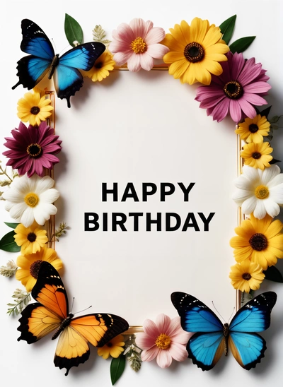 A Birthday card with butterflies and flowers around it with the words happy Birthday written in the center of the card and a white background with a, plain background, a pastel, net art
